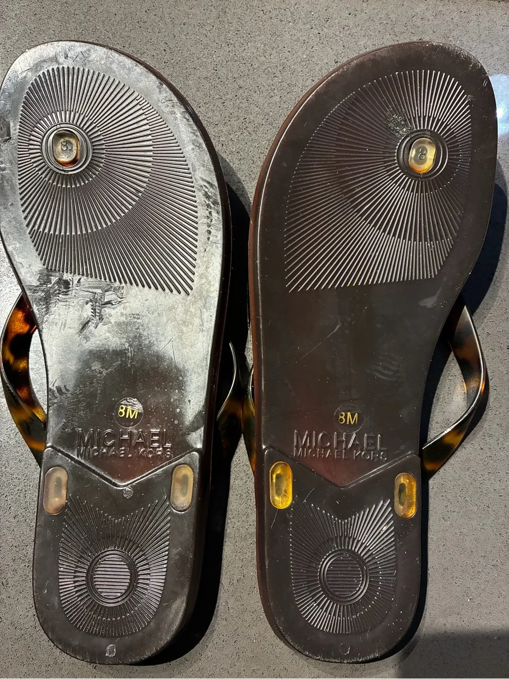 Michael Kors Tortoiseshell Strap Flip Flops with Gold MK Logo